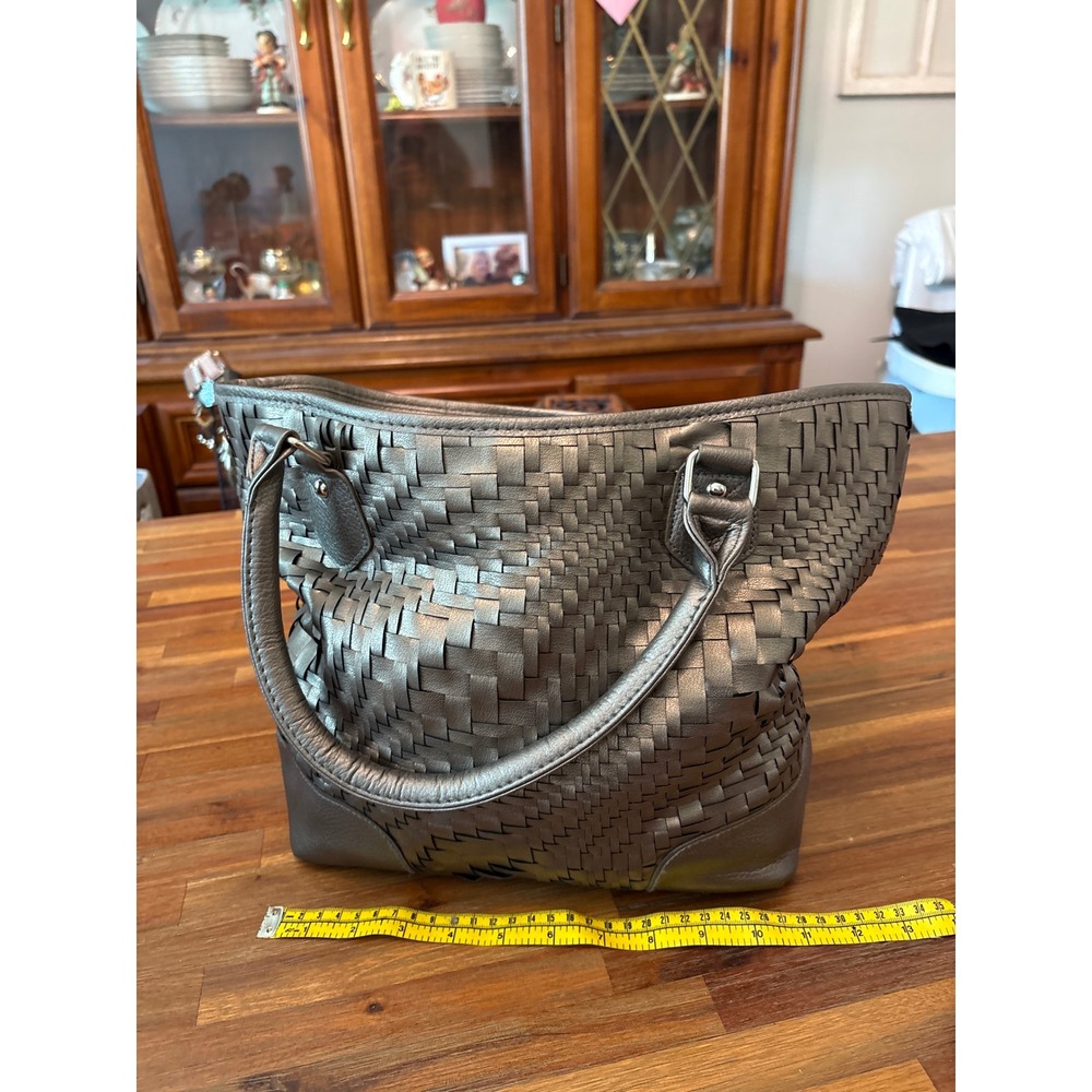 Braciano Tote Bag Womens Large Pewter Woven Metallic Basket Weave Braided